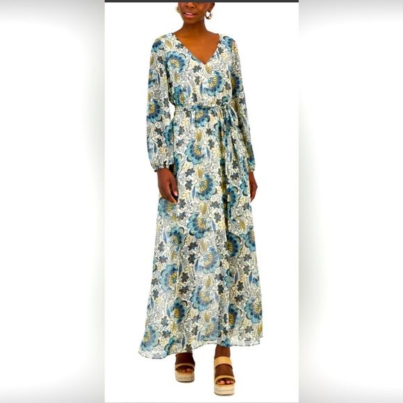 INC International Women's Cream Green Floral Print Long Tie Waist Maxi Dress 4 - Picture 1 of 13